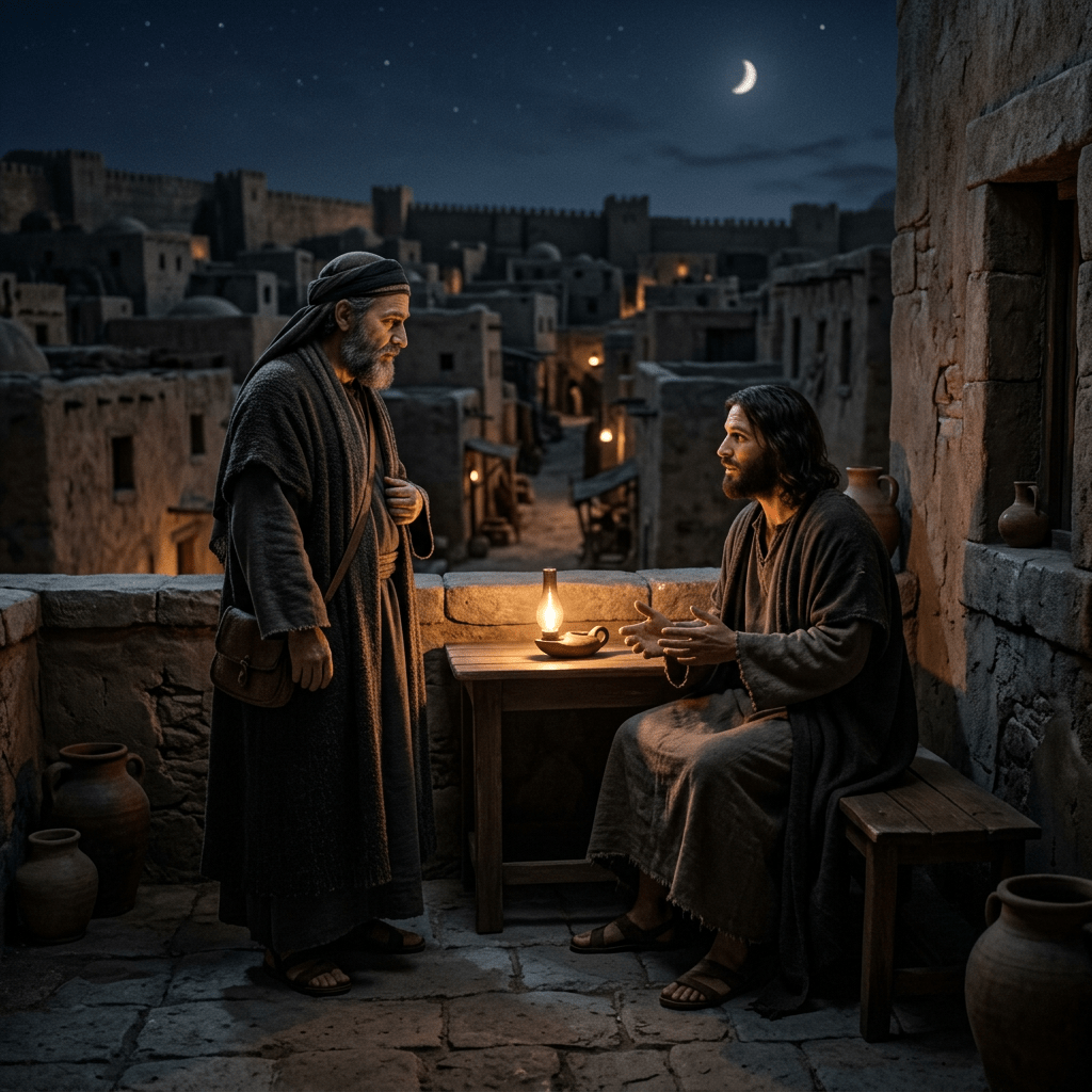 Two men talking by a lantern on a stone terrace in an ancient village at night